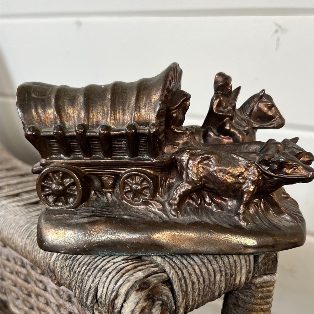Vintage Brass Bookends - covered wagon Oregon trail